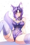  1girl absurdres animal_ear_fluff animal_ears artist_name awful_queen_(vtuber) breasts fox_ears fox_girl fox_tail heterochromia highres indie_virtual_youtuber large_breasts looking_at_viewer monster_girl purple_hair rebeccagoddes short_hair solo tail thighhighs underwear 