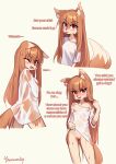 absurd_res alternate_species animal_humanoid anthro blush breasts brown_body brown_fur brown_hair canid canid_humanoid canine canine_humanoid canis clothed clothing clothing_lift female fur furrification genitals hair hi_res holo_(spice_and_wolf) humanoid long_hair looking_at_viewer looking_back mammal mammal_humanoid multicolored_body multicolored_fur nipples nude presenting pussy shirt shirt_lift simple_background smile solo spice_and_wolf tail text topwear translucent translucent_clothing two_tone_body two_tone_fur wet wet_body wet_clothing wet_fur wolf wolf_ears wolf_humanoid wolf_tail yawaraky