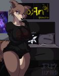 absurd_res anthro beastars big_breasts big_butt biped blush blush_stickers breasts brown_body brown_fur butt canid canine canis clothing female fluffy fluffy_tail fur hi_res jeremy_dytto juno_(beastars) mammal panties purple_eyes solo tail thick_thighs underwear unknown_artist wolf