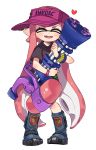 1girl :d ^_^ black_shirt blue_footwear blush boots bracelet closed_eyes domino_mask eyes_closed fangs full_body hat heart holding inkling jewelry legs_apart long_hair maco_spl mask mini_splatling_(splatoon) open_mouth pink_hair pink_hat pointy_ears shirt short_sleeves simple_background smile solo splatoon splatoon_(series) splatoon_2 standing suction_cups t-shirt tentacle_hair very_long_hair visor_cap white_background wristband 