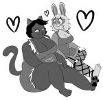 2024 anthro barefoot belly big_breasts biped breasts catty_(undertale) cleavage clothed clothing domestic_cat dress duo ear_piercing ear_ring eye_contact eyelashes fangs feet felid feline felis female female/female fishnet_clothing fishnet_legwear garter_straps gloves greyscale hair hand_holding hand_on_hand hand_on_leg hand_on_thigh handwear heart_symbol hi_res hindpaw kitapult lagomorph legwear leporid looking_at_another mammal medium_breasts monochrome overalls overweight overweight_anthro overweight_female pawpads paws piercing rabbit ring_piercing romantic romantic_couple simple_background sitting sitting_together smile tail teeth thick_thighs undertale_(series) white_background