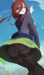 1girl ass ass_visible_through_thighs black_jacket black_thighhighs blue_eyes blue_shirt blue_sky breasts brown_hair clothes_lift cloud cloudy_sky falling_leaves go-toubun_no_hanayome green_skirt hair_between_eyes headphones headphones_around_neck highres hiyoku jacket large_breasts leaf legs long_hair looking_to_the_side nakano_miku panties school_uniform shirt skirt skirt_lift sky thick_thighs thighhighs thighs underwear wind wind_lift 