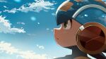  1boy 3suisousui blue_helmet cloud emblem green_eyes helmet highres looking_up male_focus mega_man_(series) mega_man_battle_network_(series) megaman.exe netnavi sky solo upper_body 