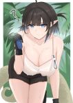  1girl ? arknights black_gloves black_hair black_shorts breasts camisole cleavage commentary_request cowboy_shot eunectes_(arknights) gloves highres holding large_breasts looking_at_viewer pointy_ears short_hair shorts solo spaghetti_strap standing tenten_(1010haka) thighs 