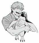  1boy animal artist_name bird chainsaw_man closed_eyes cropped_torso denji_(chainsaw_man) english_commentary greyscale hands_up highres holding holding_animal kentret male_focus monochrome open_mouth penguin sharp_teeth short_hair short_sleeves simple_background teeth twitter_username upper_body white_background 