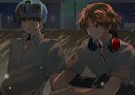  2boys brown_eyes brown_hair closed_mouth collared_shirt crossed_arms grass grey_eyes grey_hair grin hair_between_eyes hanamura_yousuke headphones headphones_around_neck highres hugging_own_legs knees_up light_particles looking_at_another looking_to_the_side multiple_boys narukami_yuu night night_sky outdoors persona persona_4 phexxxnol shirt short_hair short_sleeves side-by-side sitting sky smile spiked_hair upper_body white_shirt 