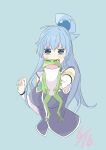  1girl absurdres ahoge animal aqua_(konosuba) bare_shoulders blue_background blue_eyes blue_hair blue_shirt blush breasts commentary_request covered_mouth detached_sleeves eyes_visible_through_hair frog hair_between_eyes hair_bobbles hair_ornament hair_rings half_updo hand_up highres holding holding_animal jitome kono_subarashii_sekai_ni_shukufuku_wo! large_breasts long_hair long_sleeves looking_at_viewer outstretched_arm raised_eyebrows sayu_(user_yjsz2885) shirt simple_background sleeveless sleeveless_shirt solo tearing_up tears upper_body very_long_hair white_sleeves wide-eyed 
