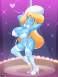 3:4 absurd_res blonde_hair blue_body blue_skin breasts bunny_costume clothing costume cranebear female hair hi_res pinup pose smurfette solo the_smurfs