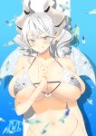  1girl absurdres bikini blush breasts cleavage demon_girl demon_horns demon_wings duel_monster grey_eyes highres horns large_breasts looking_at_viewer lovely_labrynth_of_the_silver_castle pointy_ears smile solo spider_web_print swimsuit tama_(druid22) twintails white_hair white_horns wings yu-gi-oh! 
