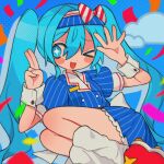  &gt;_o 1girl blue_background blue_dress blue_eyes blue_hair blush bow buttoned_cuffs buttons confetti dress feet_out_of_frame hair_between_eyes halftone hands_up hashtag-only_commentary hatsune_miku highres long_hair looking_at_viewer loose_socks mesmerizer_(vocaloid) mochi_(na_si) one_eye_closed open_mouth pinstripe_dress pinstripe_pattern red_footwear short_dress short_sleeves smile socks solo striped_bow twintails very_long_hair visor_cap white_socks wrist_cuffs 