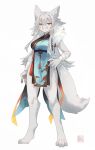 2024 absurd_res anthro asian_clothing canid canine canis clenched_teeth clothing east_asian_clothing female fur hair hi_res japanese_clothing kawarage_yatano looking_at_viewer mammal solo tail teeth white_body white_fur wolf yellow_eyes 