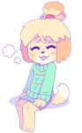 2017 3_toes 4_fingers :3 animal_crossing anthro barefoot black_nose blep blonde_hair blue_bottomwear blue_clothing blue_skirt bottomwear canid canine canis clothing cloud_emanata colored dipstick_tail domestic_dog emanata eyebrows eyelashes eyes_closed feet female fingers floppy_ears fluffy_ears fur graskip green_clothing green_sweater green_topwear hair hand_on_leg hand_on_own_leg hi_res isabelle_(animal_crossing) mammal markings nintendo pattern_clothing pattern_sweater pattern_topwear red_cheeks shaded shadow shih_tzu simple_background skirt smile solo sweater tail tail_markings toes tongue tongue_out topwear toy_dog white_background white_muzzle white_tail_tip yellow_body yellow_fur
