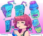  1girl alcohol_carton bocchi_the_rock! carton closed_eyes crossover dress drinking_straw drinking_straw_in_mouth floating food fortnite green_dress halftone halftone_background highres hiroi_kikuri jiansketch pink_background popsicle purple_hair solo tearing_up upper_body yakult 