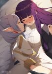  2girls artist_name bed blunt_bangs blush breasts closed_eyes coat dress earrings elf fern_(sousou_no_frieren) frieren jewelry kohei_moriya large_breasts long_hair long_sleeves looking_at_another multiple_girls on_bed open_clothes open_coat open_mouth pillow pointy_ears purple_hair sidelocks sousou_no_frieren sweat twintails watermark white_dress yuri 