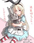  1girl alice_(wonderland) alice_(wonderland)_(cosplay) alice_in_wonderland alternate_costume animal_ears blonde_hair blush brown_eyes bunny_ears cosplay dated dress eyebrows_visible_through_hair fake_animal_ears giraffe_(ilconte) hair_between_eyes highres kantai_collection long_dress long_hair looking_at_viewer neck_ribbon open_mouth rensouhou-chan ribbon shimakaze_(kantai_collection) sitting striped striped_legwear translation_request twitter_username 
