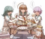  3girls ahoge brown_eyes brown_hair drink eyepatch food green_eyes green_hair green_sailor_collar huge_ahoge kantai_collection kiso_(kancolle) kuma_(kancolle) long_hair multiple_girls narukan neckerchief pink_hair red_eyes red_neckerchief sailor_collar school_uniform serafuku short_hair shorts table tama_(kancolle) white_shorts 