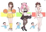  3girls :d =_= alternate_costume animal_ears apron arm_behind_back arm_up artist_name bad_id bad_twitter_id bangs black_dress black_footwear black_hair black_legwear blue_eyes blue_shirt blush blush_stickers braid breasts brown_eyes brown_hair cat_ears cat_tail center_frills cheerleader chestnut_mouth clenched_hand clothes_writing collarbone collared_shirt crop_top dress enmaided eyebrows eyebrows_visible_through_hair frilled_apron frills full_body hair_bobbles hair_ornament hair_ribbon hand_on_own_chest hashimoto_nyaa hat heart heart_in_mouth high_heels holding juushimatsu's_girlfriend kneehighs long_hair long_sleeves looking_at_viewer low_twintails maid matsuno_choromatsu matsuno_juushimatsu matsuno_osomatsu medium_breasts mery_(apfl0515) midriff multiple_boys multiple_girls navel number nurse nurse_cap open_mouth osomatsu-kun osomatsu-san outstretched_arms pantyhose paw_pose pink_hair pleated_skirt pom_pom_(clothes) puffy_short_sleeves puffy_sleeves ribbon sandals shirt shoes short_sleeves skirt sleeveless sleeveless_shirt smile sneakers swept_bangs tail twintails white_background white_dress white_footwear white_shirt wing_collar yellow_legwear yellow_ribbon yellow_skirt yowai_totoko 