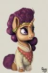  2016 brown_fur clothed clothing ear_piercing equine female feral friendship_is_magic fur grey_background hair headband horn jewelry mammal my_little_pony nemo2d piercing purple_eyes purple_hair saffron_masala_(mlp) simple_background smile solo unicorn 