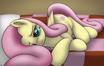  2016 bed blue_eyes conscious-aberration cutie_mark equine feathered_wings feathers female feral fluttershy_(mlp) friendship_is_magic fur hair looking_at_viewer lying mammal my_little_pony on_bed on_side pegasus pillow pink_hair smile solo wings yellow_feathers yellow_fur 