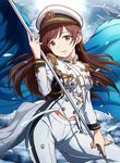  aiguillette ayano_yuu_(sonma_1426) brown_eyes brown_hair epaulettes flag hat highres idolmaster idolmaster_cinderella_girls idolmaster_cinderella_girls_starlight_stage long_hair looking_at_viewer military military_hat military_uniform naval_uniform nitta_minami peaked_cap seizon_honnou_valkyria solo torn_clothes uniform 