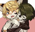  anthro blush canine cat cub cute embrace feline furiorid harvic hug mammal one_eye_closed open_mouth romantic_couple wolf young うまに 