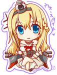 blonde_hair blue_eyes blush_stickers bow bowtie chibi commentary_request crossed_legs crown dress eyebrows eyebrows_visible_through_hair hair_between_eyes highres jewelry kantai_collection long_hair looking_at_viewer mini_crown mochimako off-shoulder_dress off_shoulder red_bow red_neckwear simple_background solo translation_request warspite_(kantai_collection) white_background 