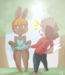  2016 animal_crossing anthro blush bonbon_(animal_crossing) bottomless canine clothed clothing clothing_lift digby_(animal_crossing) dog duo featureless_crotch female krayboost lagomorph male mammal nintendo rabbit shocked skirt skirt_lift video_games 