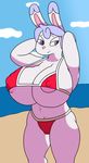 2016 anthro bashful beach big_breasts bikini blush breasts clothing digital_media_(artwork) female huge_breasts lagomorph mammal mr.under outside rabbit seaside smile solo swimsuit water 