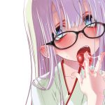  1girl black-framed_eyewear blue_eyes drooling female freckles glasses lavender_hair long_hair looking_over_eyewear open_mouth original sakuya_tsuitachi saliva simple_background solo suggestive_fluid teeth tongue tongue_out white_background 