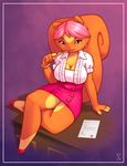  big_breasts breasts clothed clothing crossed_legs desk female gradient_background hair joe_randel kiss_mark looking_at_viewer mammal on_desk pink_hair rodent seductive simple_background sitting smile squirrel 