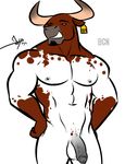  2015 abs anthro balls bgn bovine cattle facial_hair flaccid hands_on_hips horn male mammal muscular nude penis pose simple_background smile solo uncut white_background 