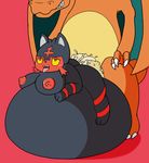  2016 anthro black_fur black_nose cat charizard claws cum cum_inflation cum_inside digital_media_(artwork) dragon duo excessive_cum feline female fur inflation litten male male/female mammal mr.under nintendo nipples nude open_mouth orgasm pok&eacute;mon red_fur scalie sex simple_background size_difference solo_focus video_games wings yellow_sclera 
