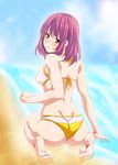  arato_hisako ass back beach bikini feet highres legs looking_back nape non-web_source purple_hair red_eyes sand seiza shokugeki_no_souma sitting solo swimsuit yellow_bikini 