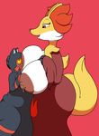  2016 anthro belly big_belly big_breasts black_fur blush breast_suck breastfeeding breasts canine cat delphox digital_media_(artwork) duo feline female female/female force_feeding forced fox fur huge_breasts inflation inner_ear_fluff lactating litten mammal milk mr.under nintendo nipples nude open_mouth overweight pok&eacute;mon red_eyes red_fur simple_background smile sucking video_games weight_gain yellow_sclera 