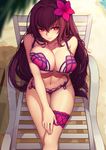 arm_behind_back bangs beach big_hair bikini blurry blush breast_squeeze breasts chair cleavage closed_mouth crossed_legs day depth_of_field evan_yang expressionless fate/grand_order fate_(series) fingernails flower from_above hair_flower hair_intakes hair_ornament hibiscus highres large_breasts lens_flare long_hair looking_at_viewer lounge_chair nail_polish navel ocean outdoors pink_nails purple_hair red_bikini red_eyes sand scathach_(fate)_(all) scathach_(swimsuit_assassin)_(fate) sitting solo string_bikini sunlight swimsuit thigh_gap thigh_strap very_long_hair water 