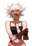  artist_name bad_id bad_twitter_id bare_shoulders black_survival blood blood_on_arm blood_on_chest blood_on_face bloody_clothes brown_gloves collarbone crop_top eyelashes gloves glowing glowing_eyes hair_between_eyes hand_on_own_cheek hand_on_own_face jackie_(black_survival) looking_at_viewer manjji red_eyes scar short_hair simple_background single_glove sleeveless solo spiked_hair teeth tongue tongue_out upper_body white_background 