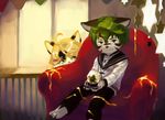  anthro canine cat chair clothing cub cute duo feline furiorid harvic hiding male mammal sitting snow_globe window wolf young うまに 