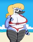  2016 anthro avian beach beak big_breasts bikini bird blonde_hair blue_jay breasts cartoon_network clothing corvid digital_media_(artwork) female hair mature_female mordecai&#039;s_mom mother mr.under outside parent regular_show sand seaside smile solo swimsuit voluptuous water wide_hips 