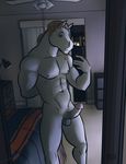  abs balls bed bgn equine erection facial_hair glans hair hand_behind_back horse male mammal medial_ring mirror muscular night nude penis phone selfie smile solo 