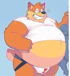  ! 2016 4_fingers against_wall anthro belly big_belly black_nose blue_background brown_fur brown_tail bubsy bubsy_(series) bulge claws clothed clothing clothing_lift digital_media_(artwork) duo eyes_closed feline fur greenendorf hand_on_stomach human hyper hyper_belly jockstrap larger_male male mammal multicolored_fur obese overweight overweight_male pinned shirt shirt_lift short_tail simple_background size_difference smile solo_focus standing sweat sweatdrop tan_fur tan_tail teeth two_tone_fur two_tone_tail underwear video_games 