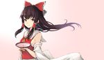  ascot bad_id bad_pixiv_id black_hair bow breasts brown_hair cup detached_sleeves floating_hair frilled_bow frills hair_bow hair_tubes hakurei_reimu highres koretsuki_azuma looking_at_viewer pink_background red_bow red_eyes red_shirt ribbon-trimmed_collar ribbon-trimmed_sleeves ribbon_trim sakazuki shirt sideboob sidelocks small_breasts smile solo touhou upper_body wide_sleeves 