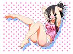  akiyama_mio armpits arms_behind_head barefoot black_hair blue_eyes blush breasts breath camisole embarrassed error exercise feet issho_ni_training k-on! large_breasts legs matatabi_(2ccp) parody polka_dot shorts sit-up soles solo sweat tears thighs toe-point toes trembling 