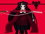  animal_ears black_hair blue_eyes copyright_request dog_ears enchi glasses long_hair necktie pantyhose scarf skirt smile solo sword very_long_hair weapon 
