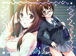  brown_eyes brown_hair glasses k-on! long_hair manabe_nodoka multiple_girls natsukon red-framed_eyewear school_uniform semi-rimless_eyewear short_hair under-rim_eyewear yamanaka_sawako 