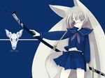  animal_ears enchi eyepatch fox_ears fox_tail green_eyes katana original school_uniform silver_hair solo sword tail weapon 