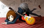  amplifier brown_eyes brown_hair checkered guitar hirasawa_yui instrument k-on! okamocheese pantyhose plectrum school_uniform shoes short_hair single_shoe solo 