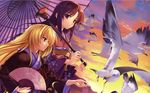  bird blonde_hair brown_hair fan folding_fan fortune_arterial holding holding_umbrella japanese_clothes kuroya_shinobu kuze_kiriha long_hair misaki_kurehito multiple_girls oriental_umbrella seagull sendou_kaya shared_umbrella smile sunset umbrella wallpaper 