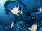  backpack bag blue_eyes blue_hair hands hat highres kawashiro_nitori kitsune_(kazenouta) short_hair solo technology touhou twintails two_side_up underwater wallpaper water 