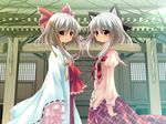  animal_ears architecture bow cat_ears east_asian_architecture frills gathers grey_hair hair_bow hanafubuki highres japanese_clothes large_bow long_hair multiple_girls necktie plaid plaid_skirt red_eyes sakuramori_akasha sakurazawa_izumi school_uniform shrine skirt 