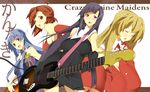  aoba_tsugumi bad_id bad_pixiv_id bass_guitar between_breasts blonde_hair blue_hair blush breasts brown_eyes brown_hair guitar hairband highres huge_breasts instrument kannagi long_hair multiple_girls nagi nanao_(mahaya) ookouchi_shino purple_eyes purple_hair short_hair strap_cleavage zange 